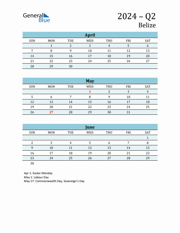 Three-Month Planner for Q2 2024 with Holidays - Belize