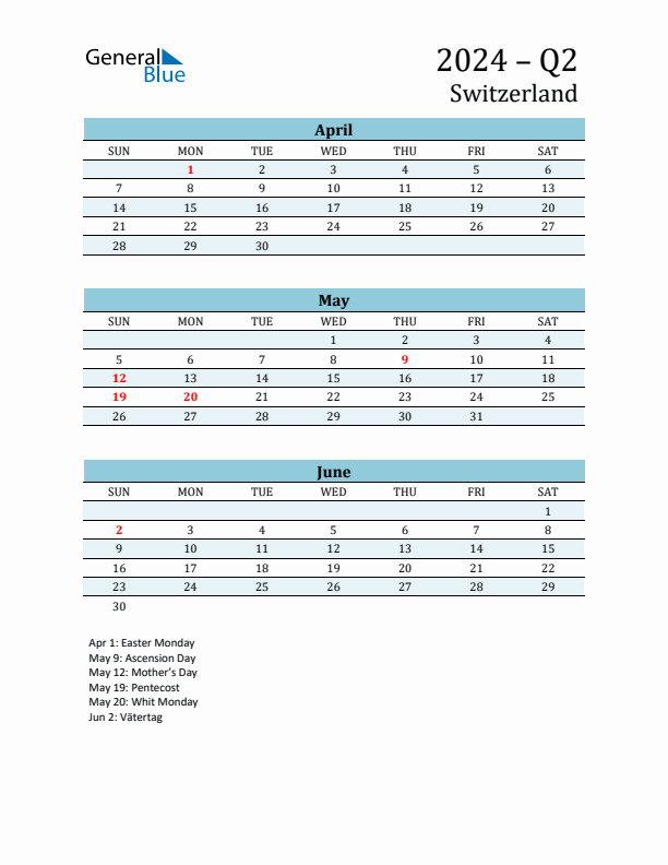 Q2 2024 Quarterly Calendar with Switzerland Holidays (PDF, Excel, Word)
