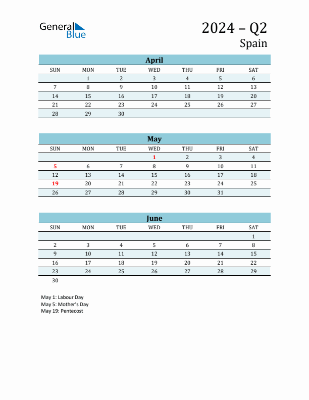 Three-Month Planner for Q2 2024 with Holidays - Spain
