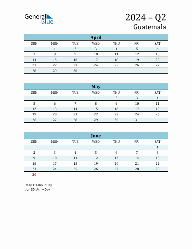 Three-Month Planner for Q2 2024 with Holidays - Guatemala