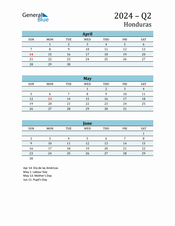 Three-Month Planner for Q2 2024 with Holidays - Honduras
