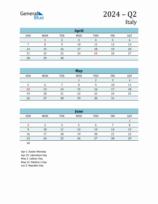 Three-Month Planner for Q2 2024 with Holidays - Italy