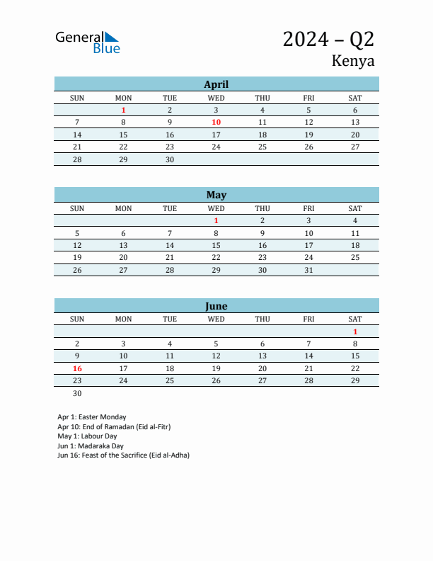 Three-Month Planner for Q2 2024 with Holidays - Kenya