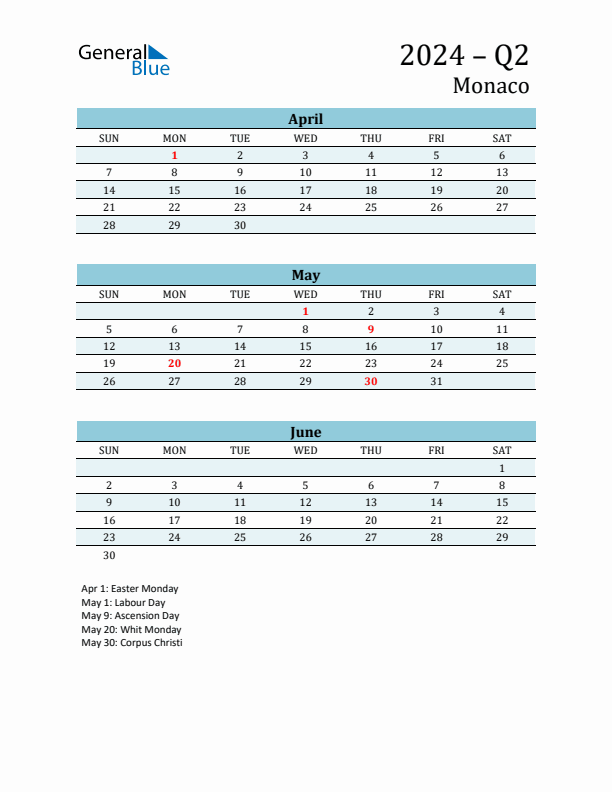 Three-Month Planner for Q2 2024 with Holidays - Monaco