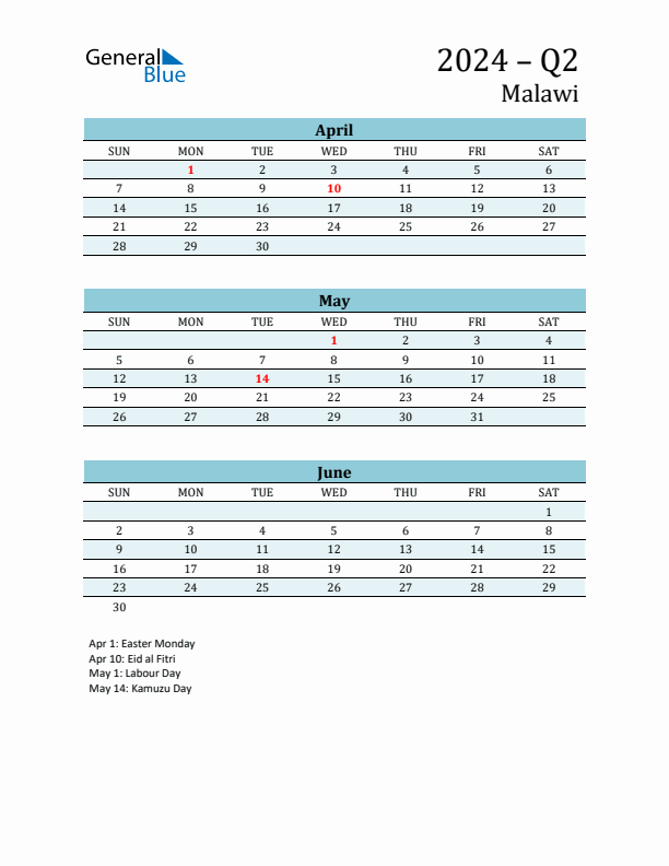 Three-Month Planner for Q2 2024 with Holidays - Malawi