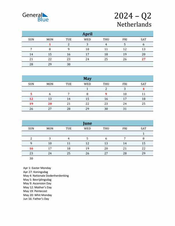 Three-Month Planner for Q2 2024 with Holidays - The Netherlands