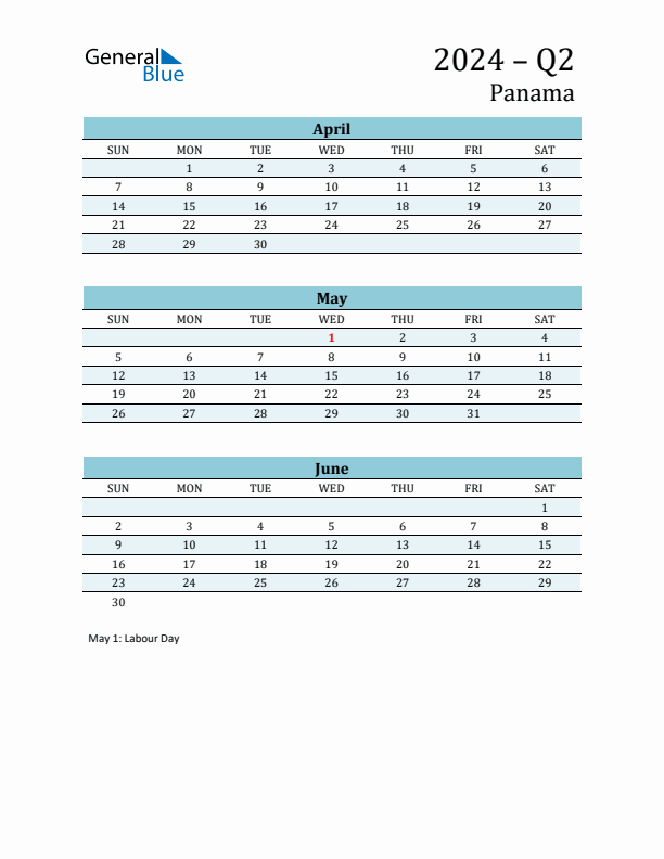 Three-Month Planner for Q2 2024 with Holidays - Panama
