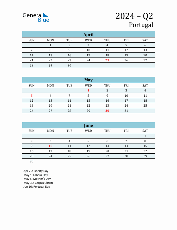 Three-Month Planner for Q2 2024 with Holidays - Portugal