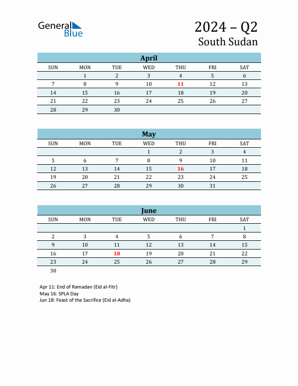 Three-Month Planner for Q2 2024 with Holidays - South Sudan