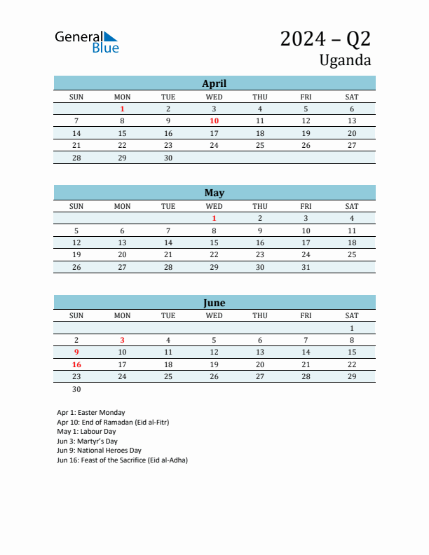 Three-Month Planner for Q2 2024 with Holidays - Uganda