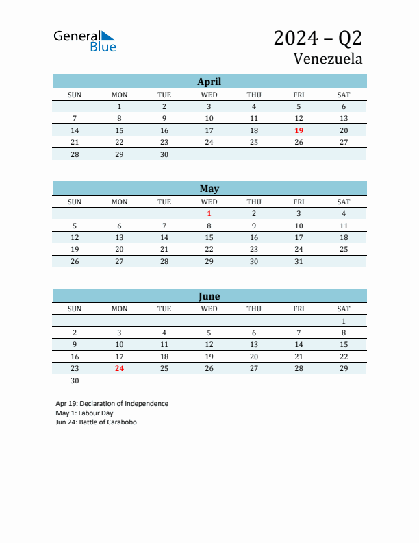 Three-Month Planner for Q2 2024 with Holidays - Venezuela