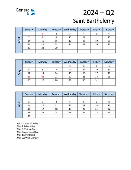  Free Q2 2024 Calendar for Saint Barthelemy
