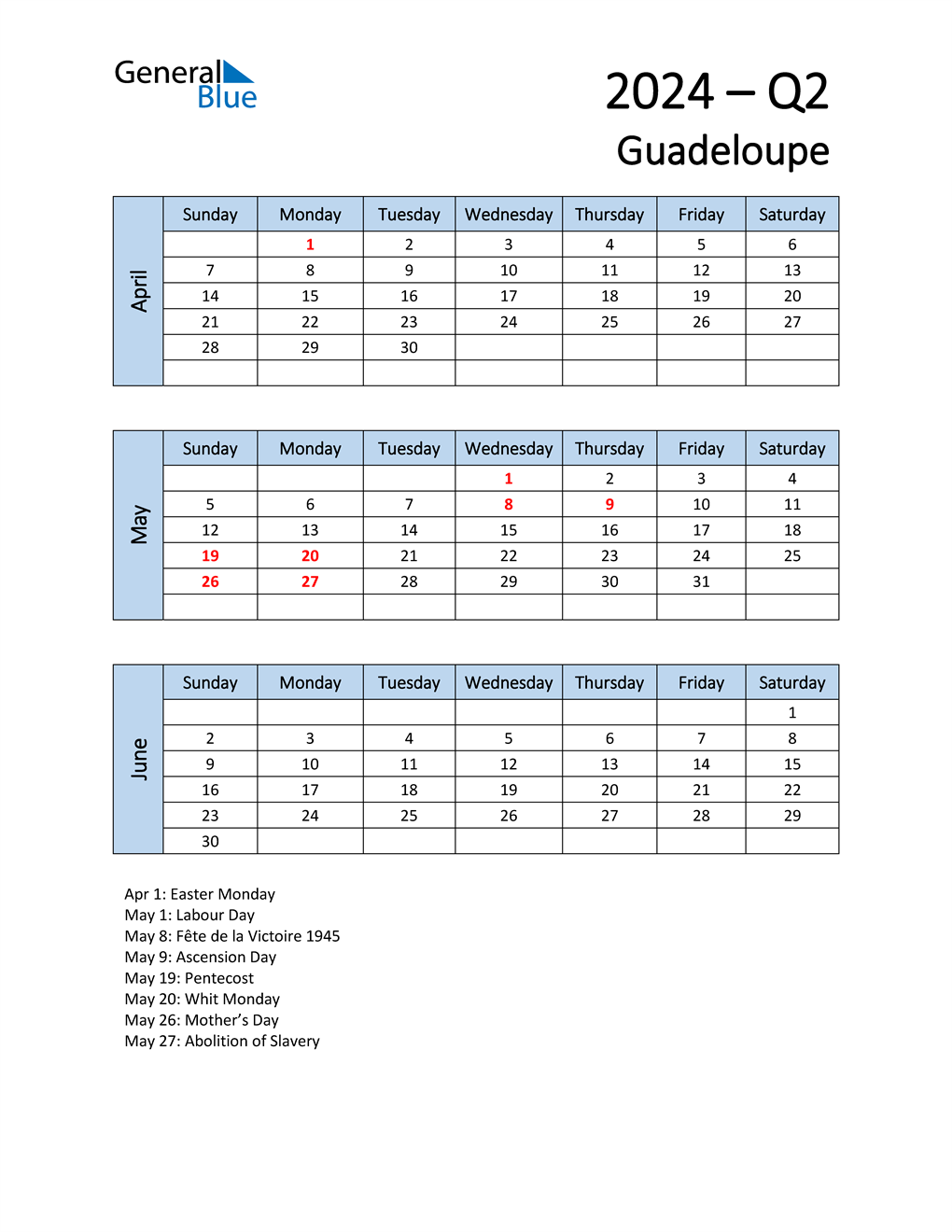 Q2 2024 Quarterly Calendar for Guadeloupe