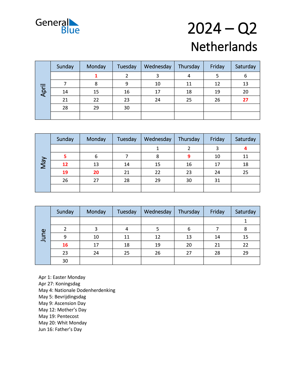  Free Q2 2024 Calendar for Netherlands