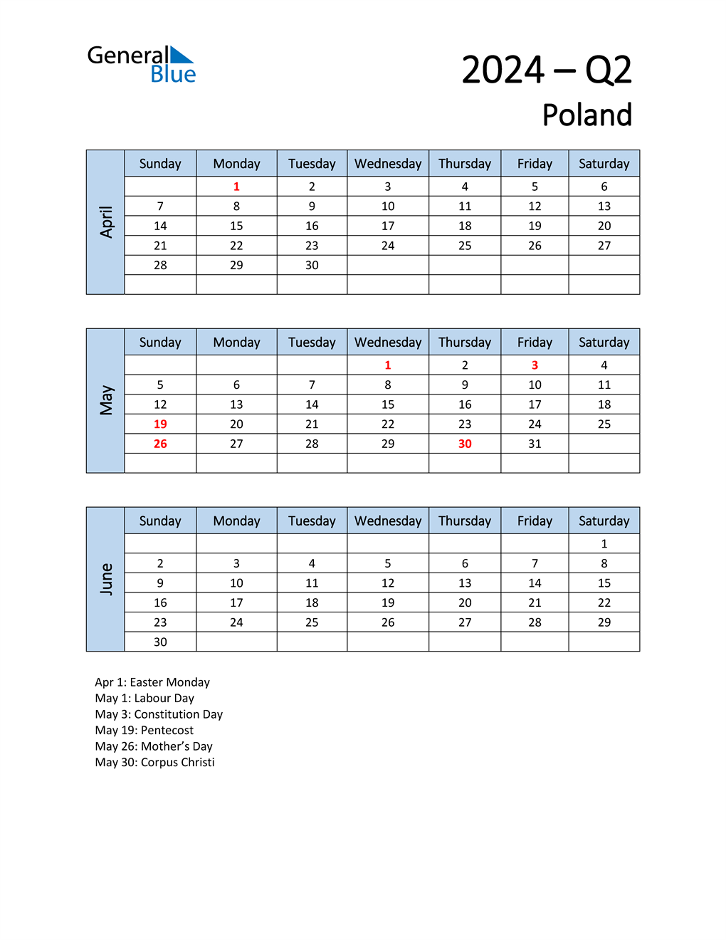 Q2 2024 Quarterly Calendar with Poland Holidays