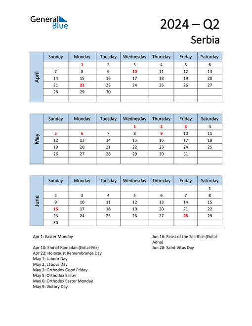  Free Q2 2024 Calendar for Serbia