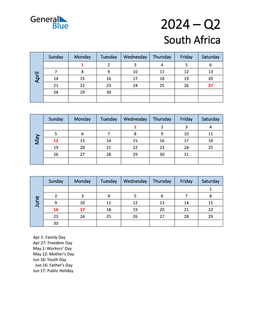  Free Q2 2024 Calendar for South Africa