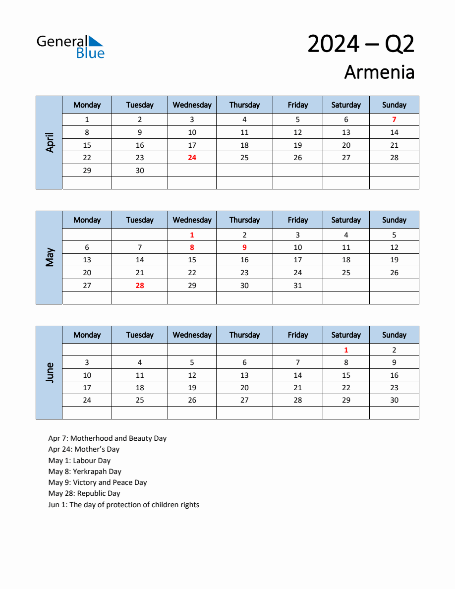 Free Q2 2024 Calendar for Armenia Monday Start