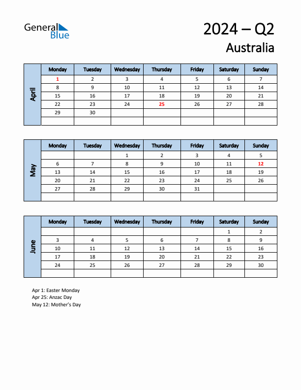 Q2 2024 Monday Start Quarterly Calendar with Australia Holidays