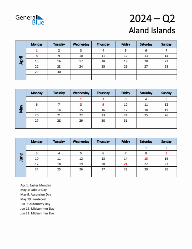 Free Q2 2024 Calendar for Aland Islands - Monday Start