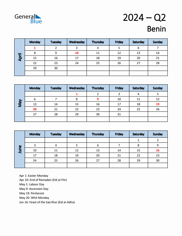 Free Q2 2024 Calendar for Benin - Monday Start
