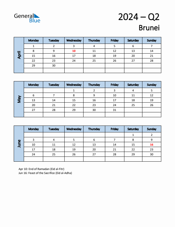 Free Q2 2024 Calendar for Brunei - Monday Start