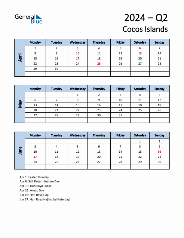 Free Q2 2024 Calendar for Cocos Islands - Monday Start