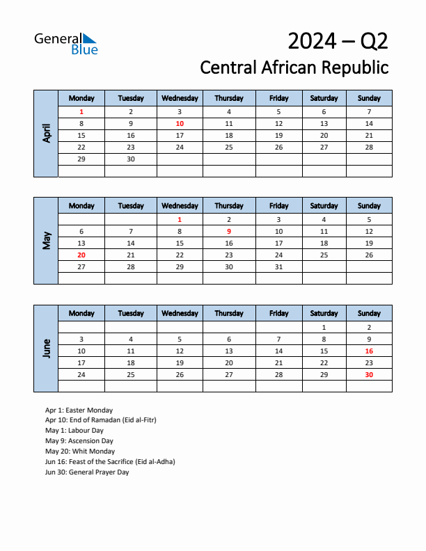 Free Q2 2024 Calendar for Central African Republic - Monday Start
