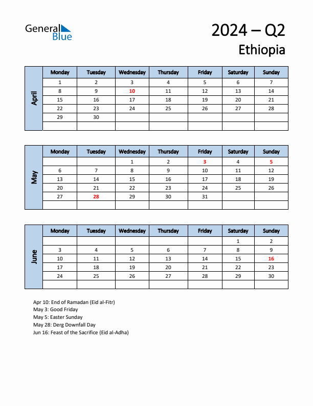 Free Q2 2024 Calendar for Ethiopia - Monday Start