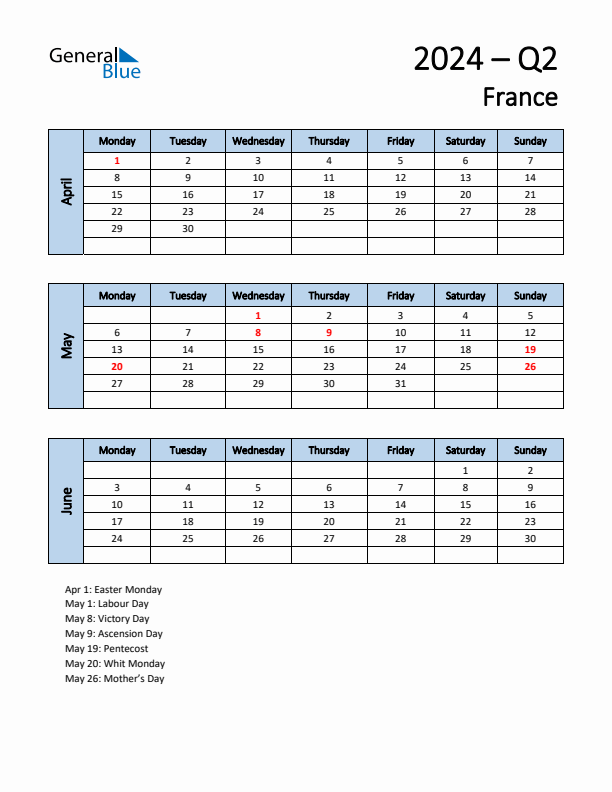 Free Q2 2024 Calendar for France - Monday Start