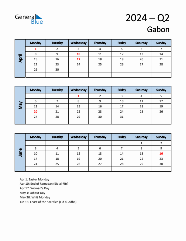 Q2 2024 Monday Start Quarterly Calendar with Gabon Holidays