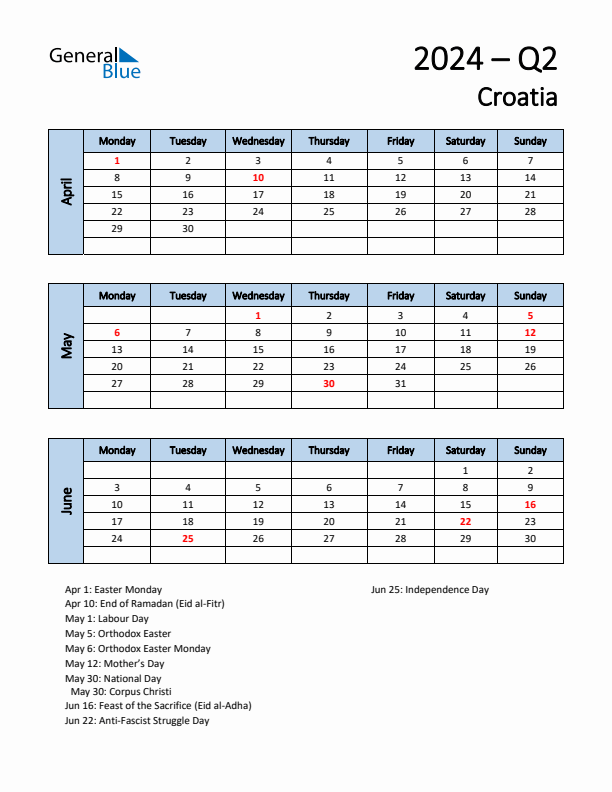 Free Q2 2024 Calendar for Croatia - Monday Start