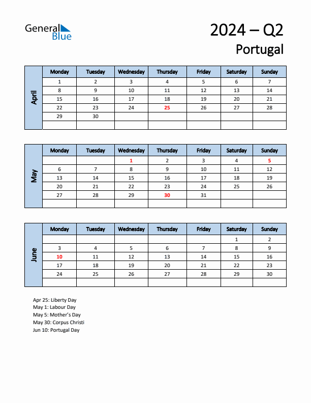 Free Q2 2024 Calendar for Portugal - Monday Start