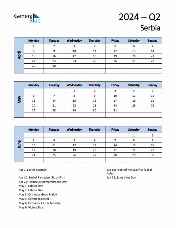 Free Q2 2024 Calendar for Serbia - Monday Start
