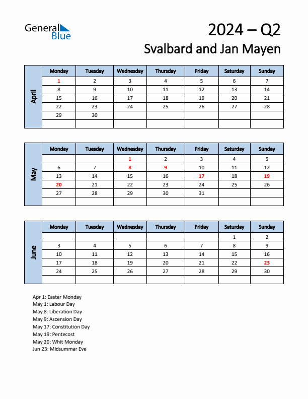 Free Q2 2024 Calendar for Svalbard and Jan Mayen - Monday Start
