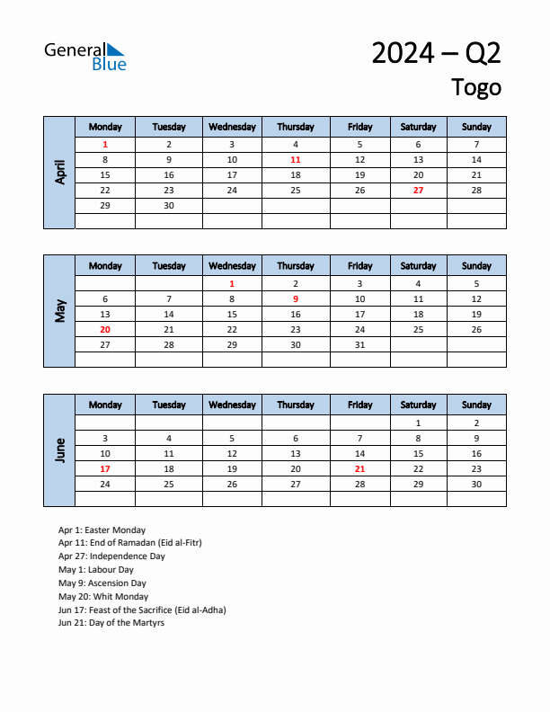 Free Q2 2024 Calendar for Togo - Monday Start