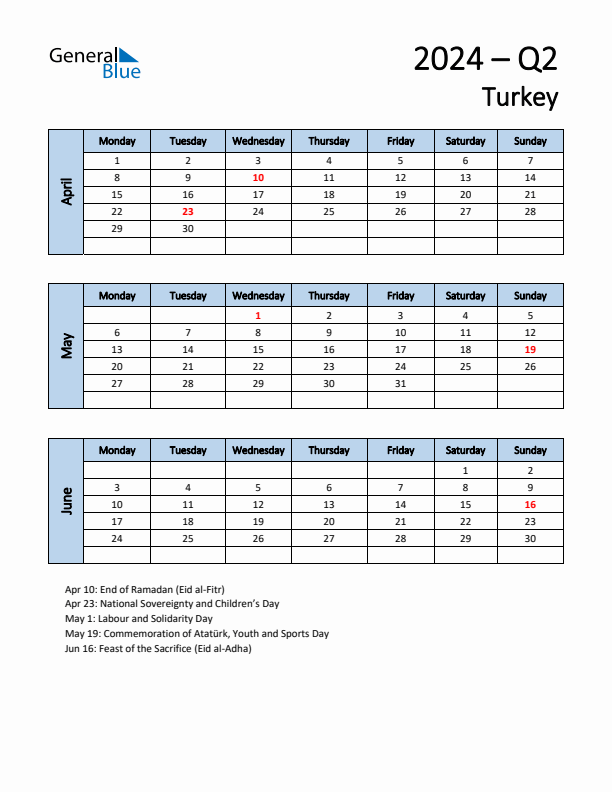 Free Q2 2024 Calendar for Turkey - Monday Start