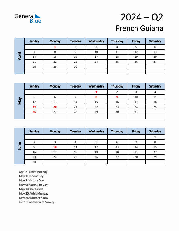 Free Q2 2024 Calendar for French Guiana - Sunday Start