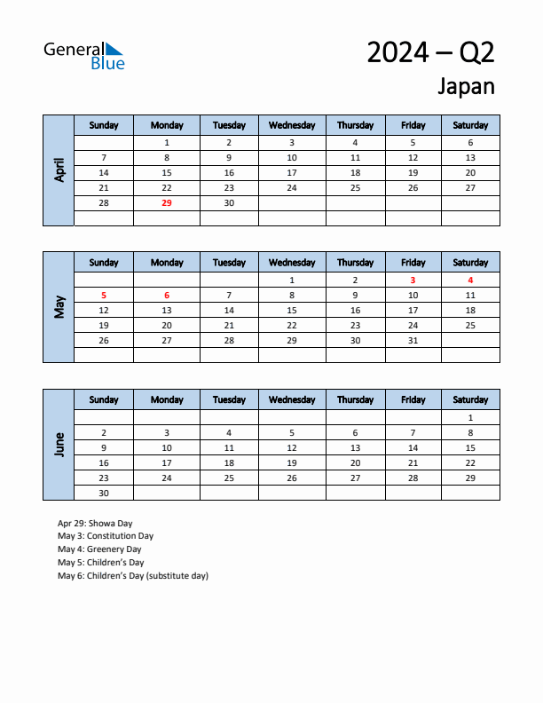 Free Q2 2024 Calendar for Japan - Sunday Start