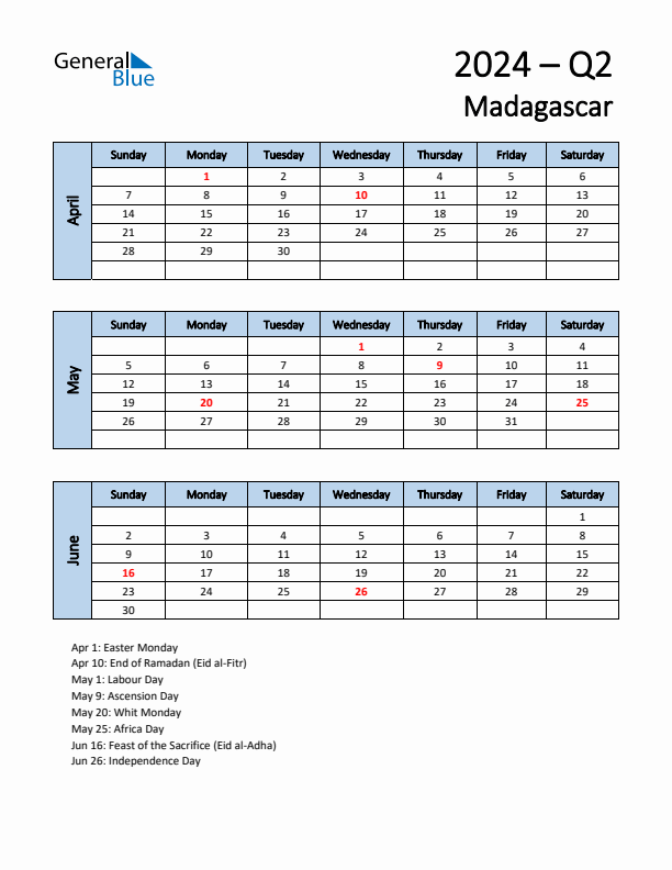 Free Q2 2024 Calendar for Madagascar - Sunday Start