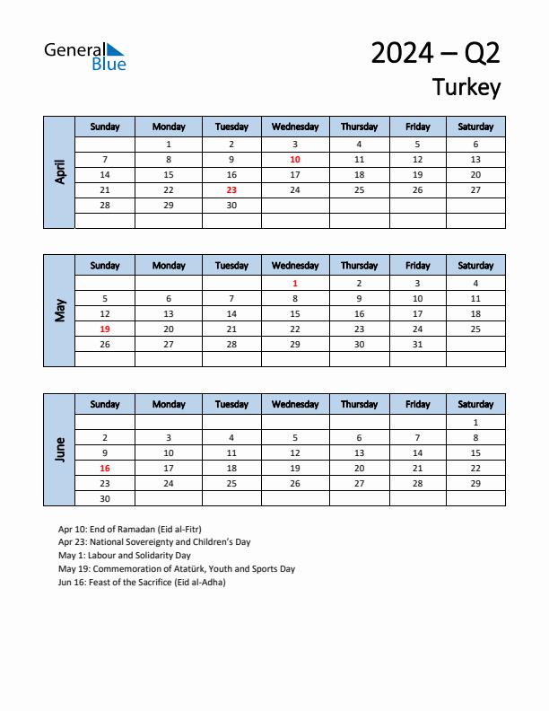 Free Q2 2024 Calendar for Turkey - Sunday Start