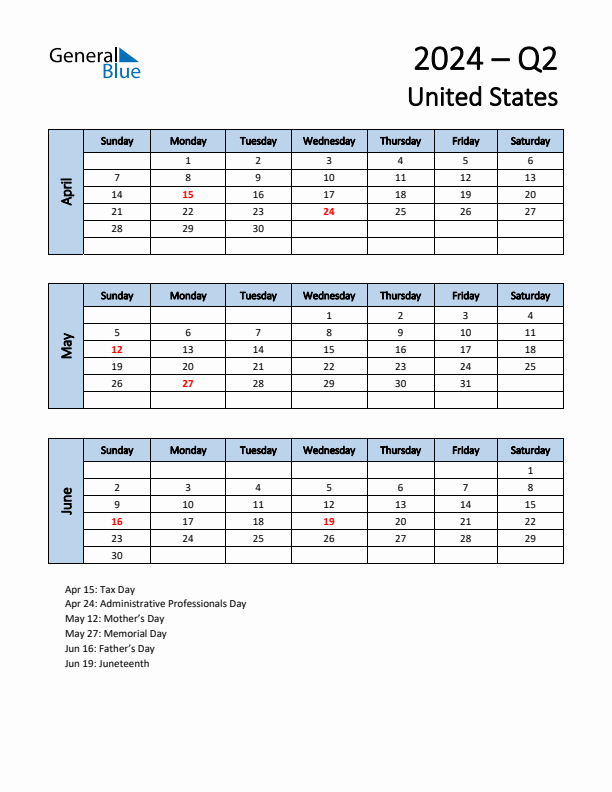 Q2 2024 Quarterly Calendar with United States Holidays (PDF, Excel, Word)