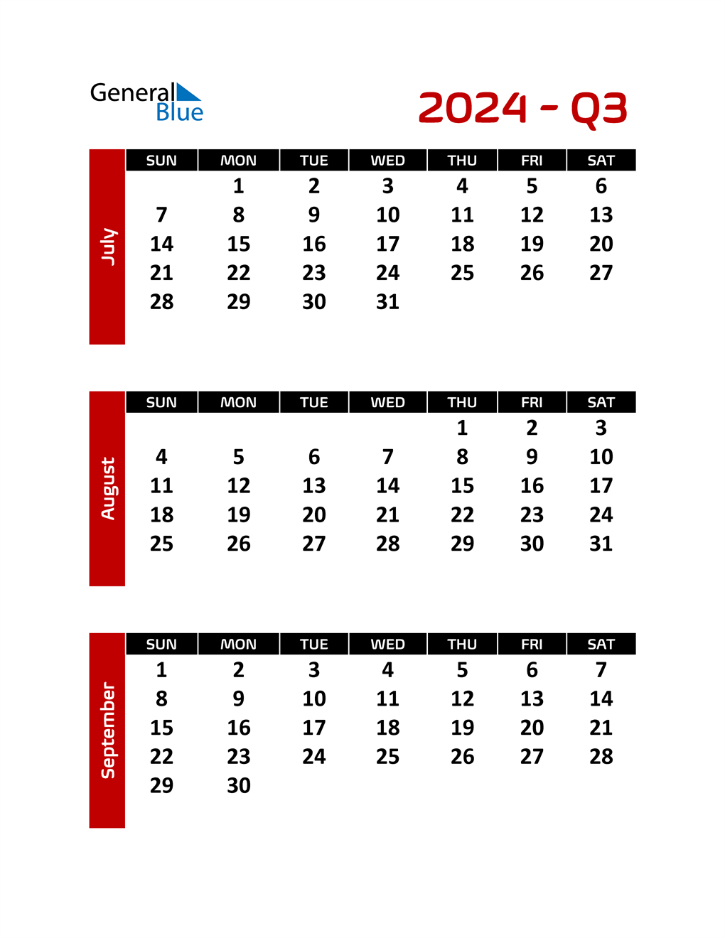 Q3 2024 Quarterly Calendar PDF Word Excel 
