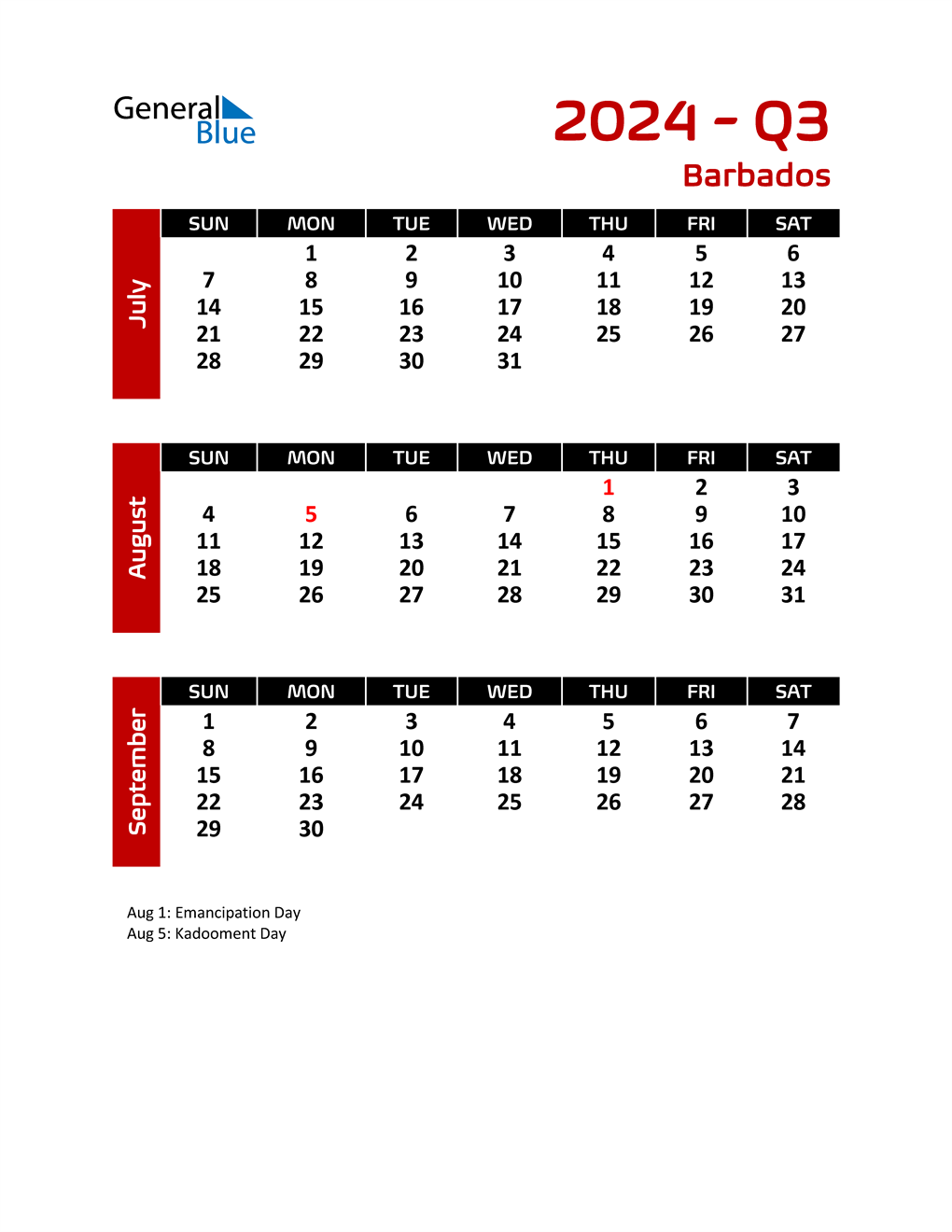 Q3 2024 Quarterly Calendar for Barbados