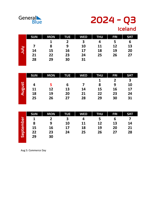 Q3 2024 Quarterly Calendar with Iceland Holidays