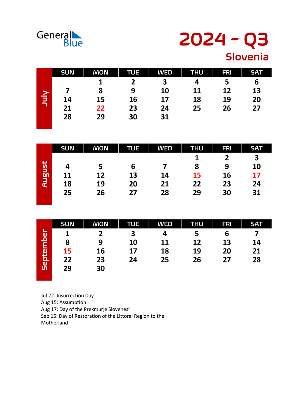  Q3 2024 Calendar with Holidays