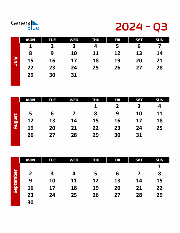 ThreeMonth Calendar Template Q3 2024