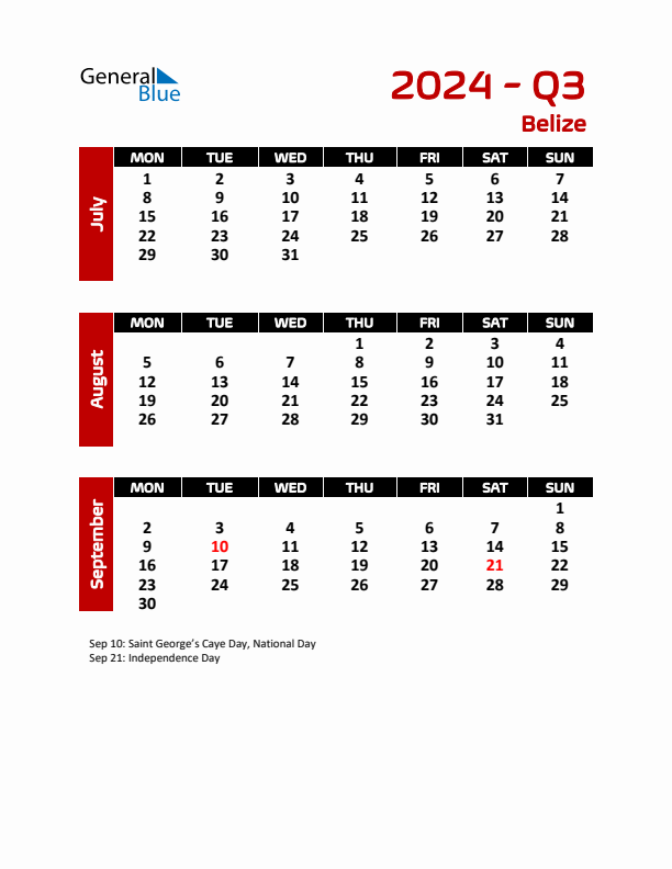 Q3 2024 Monday Start Quarterly Calendar with Belize Holidays