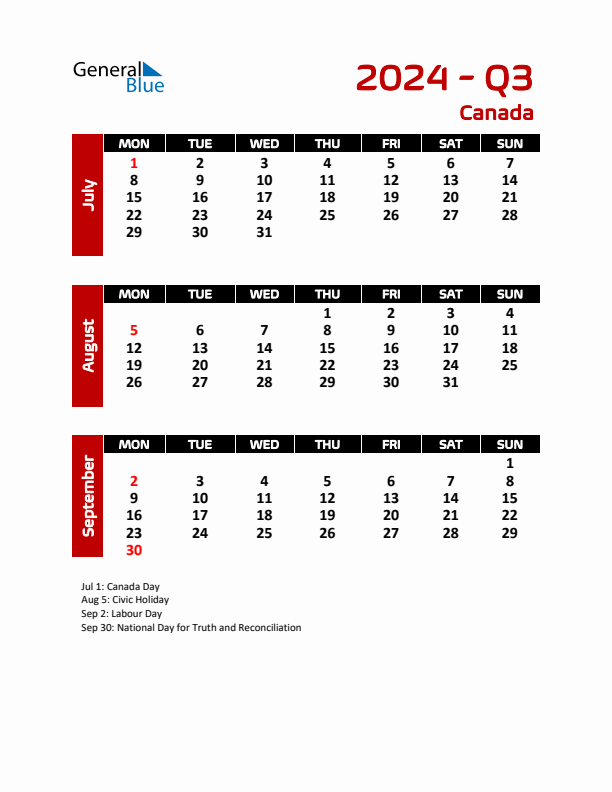 Threemonth calendar for Canada Q3 of 2024