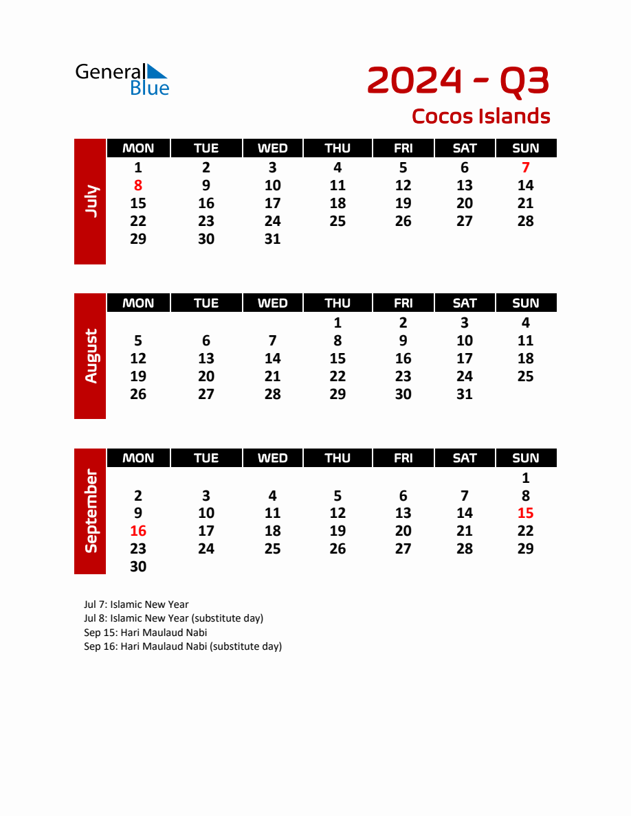 Q3 2024 Calendar with Holidays